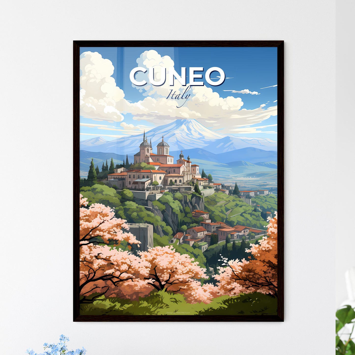 Cuneo, Italy, A Poster of a city on a hill with trees and mountains in the background Default Title