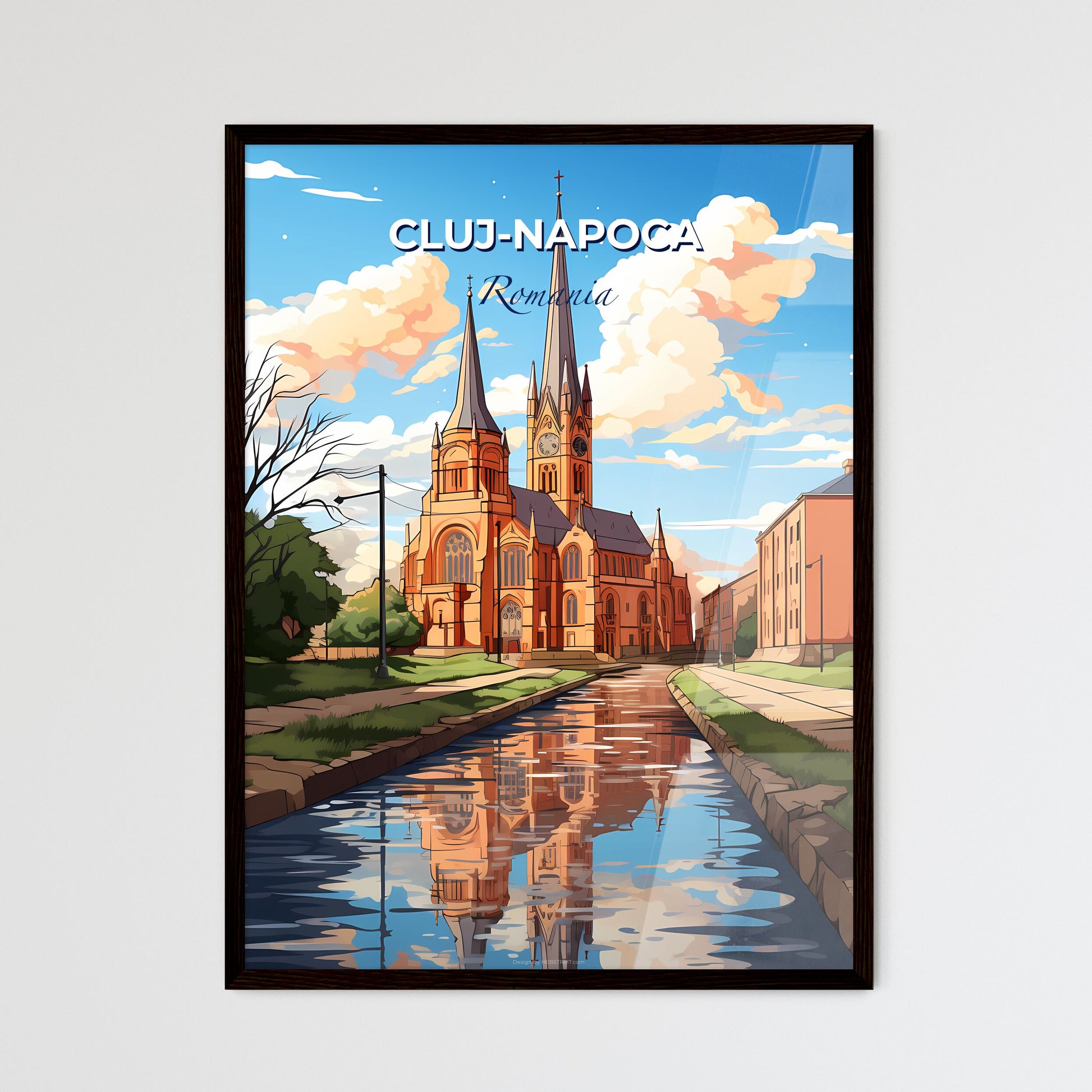 Cluj-Napoca, Romania, A Poster of a water canal with a church and trees Default Title