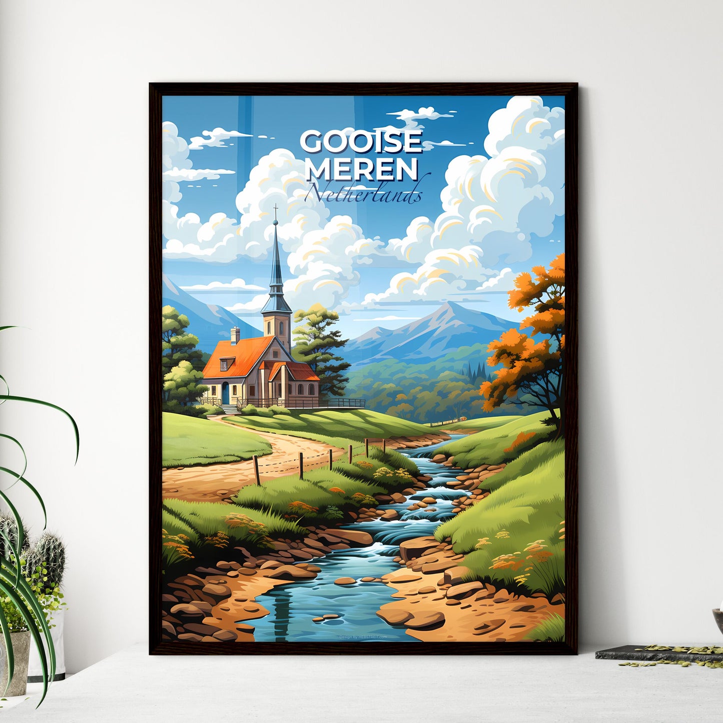 Gooise Meren, Netherlands, A Poster of a church in a valley with a stream running through it Default Title