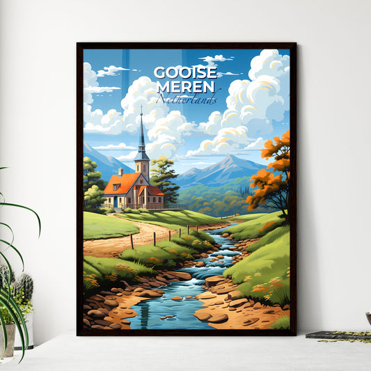 Gooise Meren, Netherlands, A Poster of a church in a valley with a stream running through it Default Title