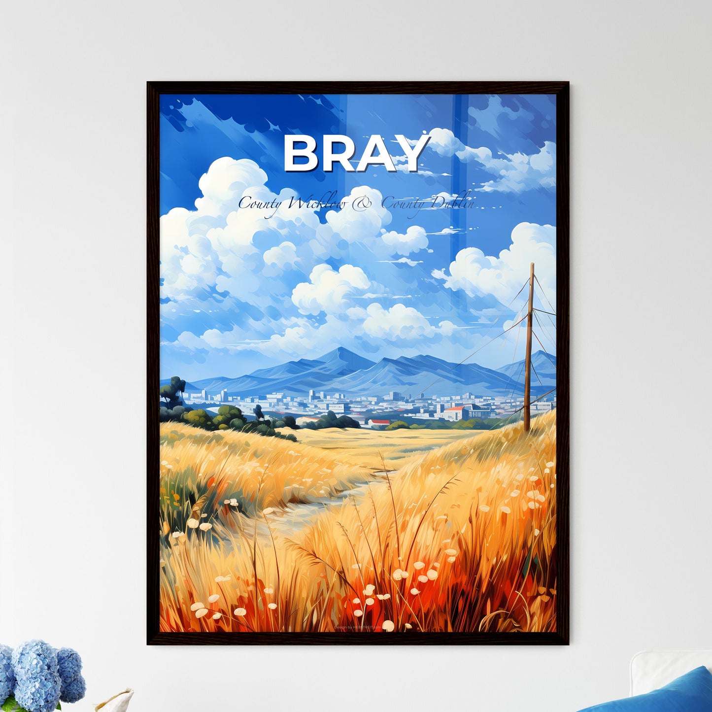 Bray, County Wicklow & County Dublin, A Poster of a field of grass with a power line and a city in the background Default Title