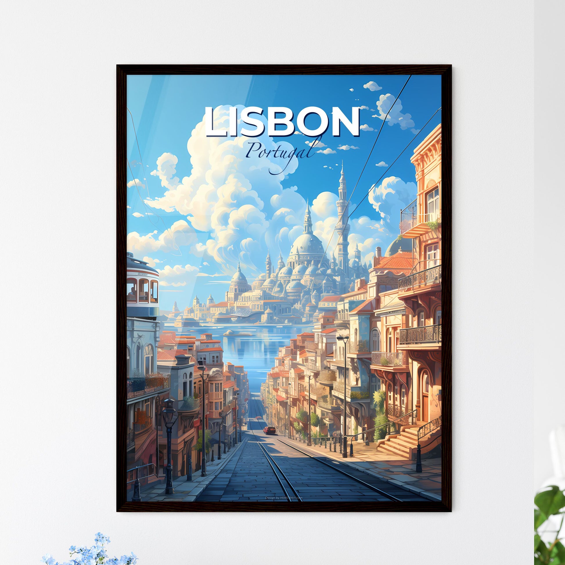 Lisbon, Portugal, A Poster of a street with buildings and a city in the background Default Title