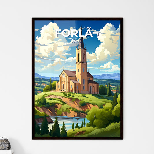 Forlã¬, Italy, A Poster of a church on a hill with trees and a river Default Title