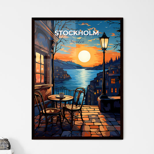 Stockholm, Sweden, A Poster of a table and chairs on a terrace overlooking a river Default Title