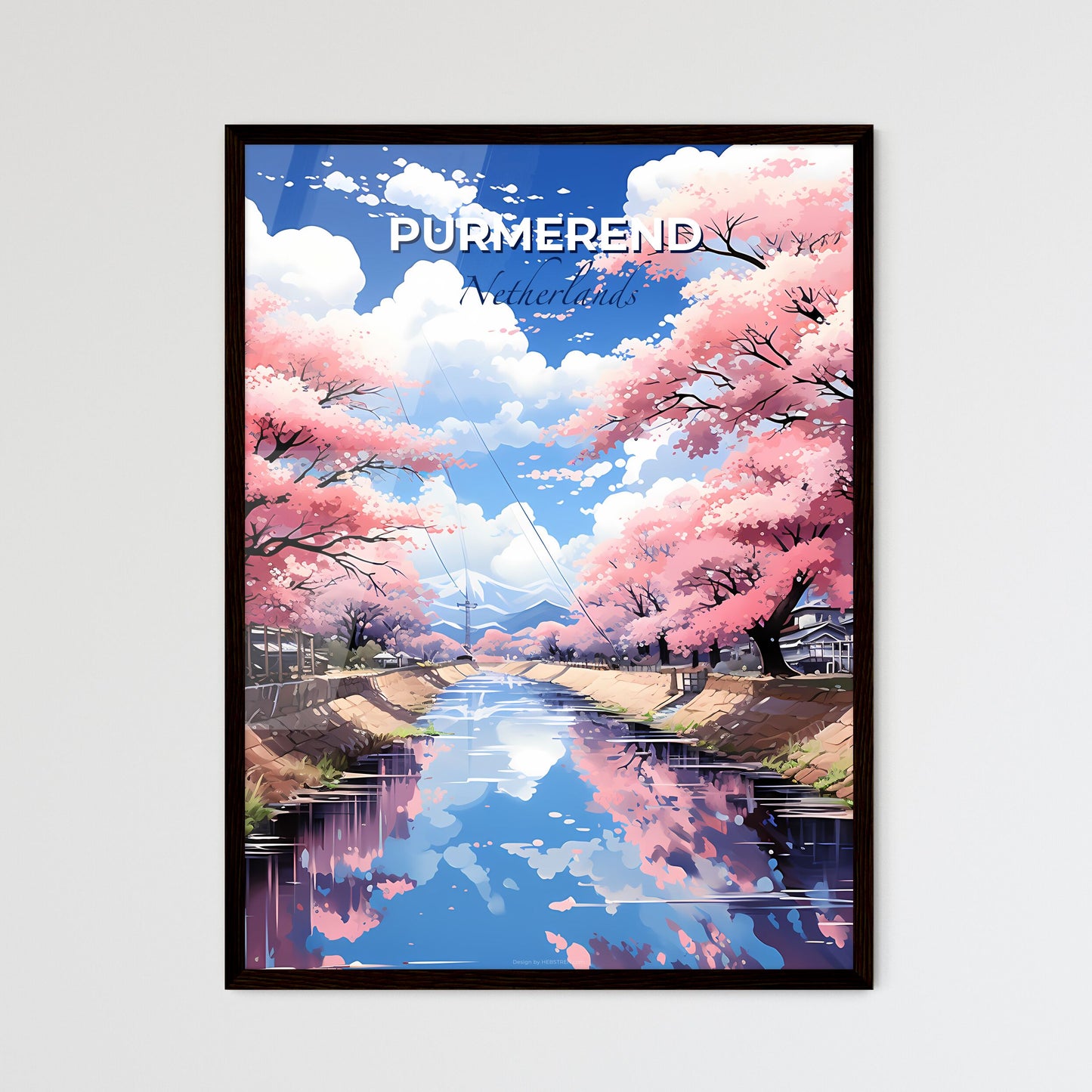 Purmerend, Netherlands, A Poster of a river with pink trees and houses Default Title