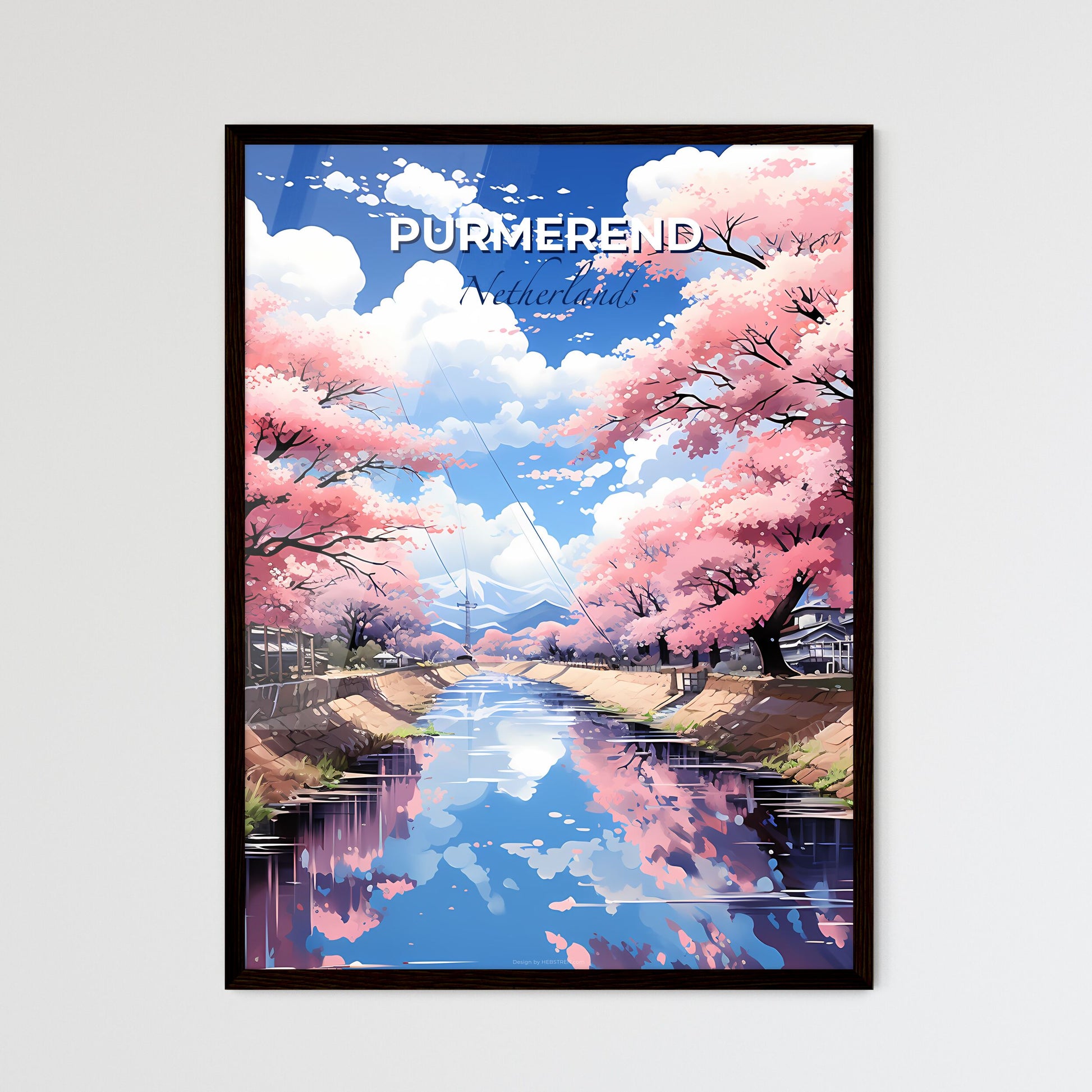 Purmerend, Netherlands, A Poster of a river with pink trees and houses Default Title