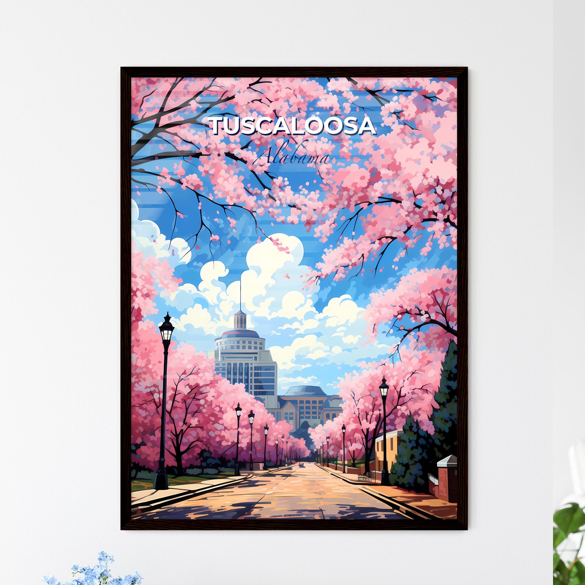 Tuscaloosa, Alabama, A Poster of a road with pink trees and buildings in the background Default Title