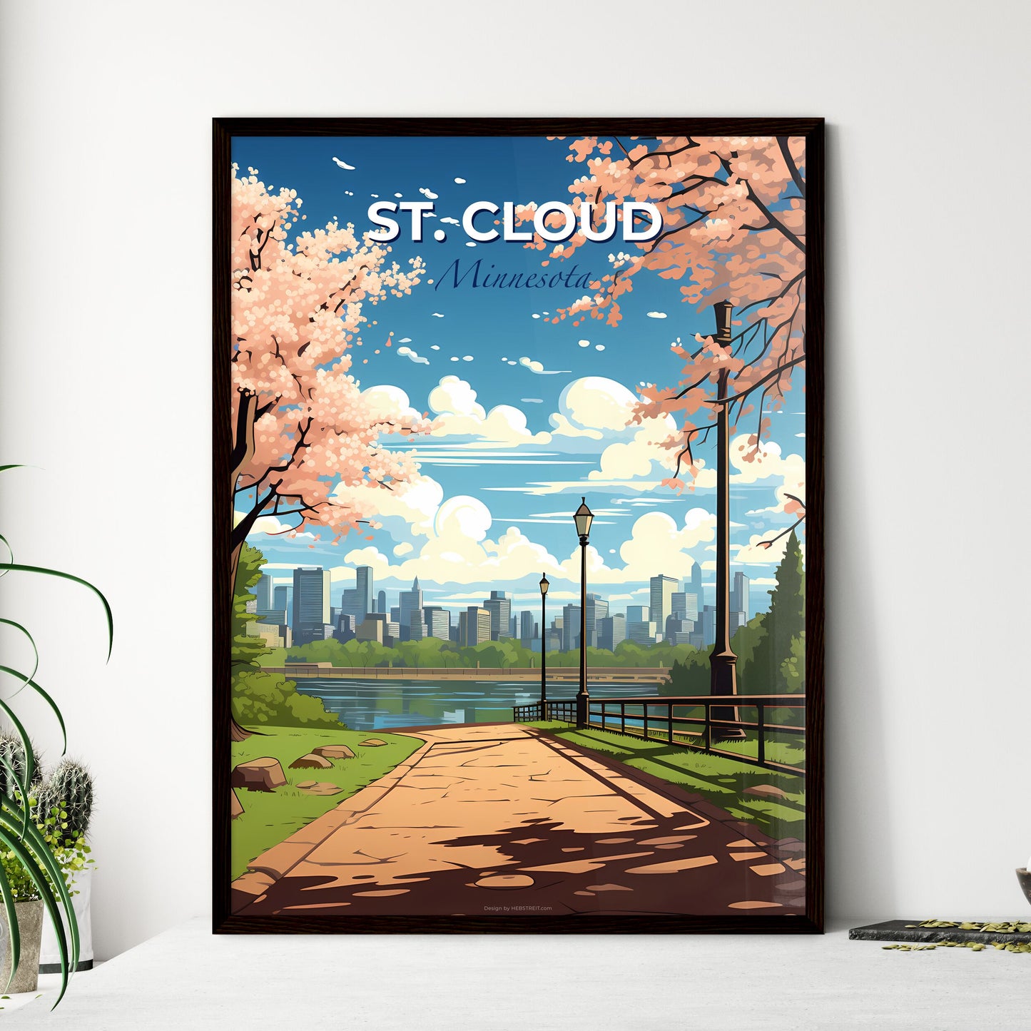 St. Cloud, Minnesota, A Poster of a park with a bridge and trees and a city in the background Default Title