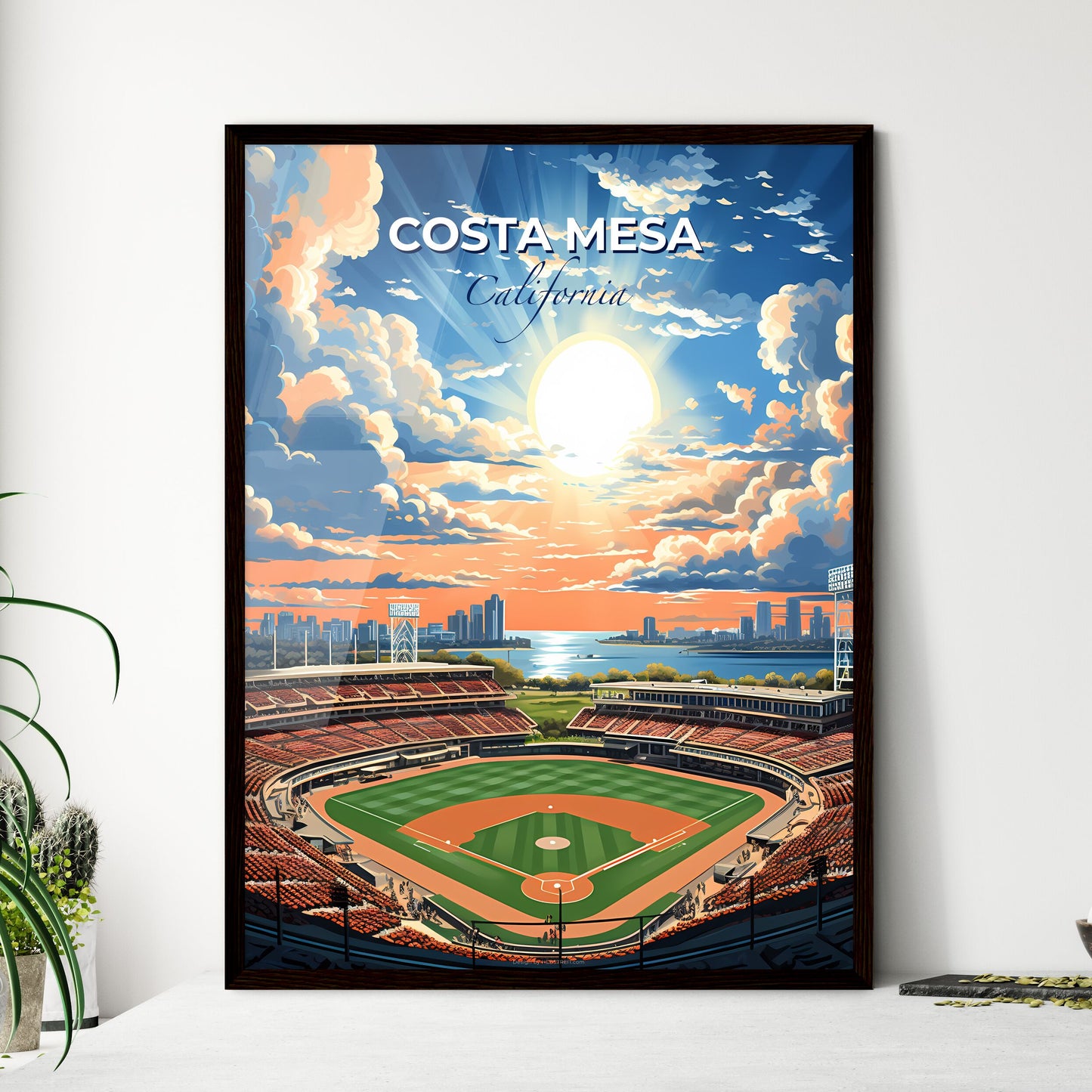 Costa Mesa, California, A Poster of a baseball stadium with a city skyline and clouds Default Title