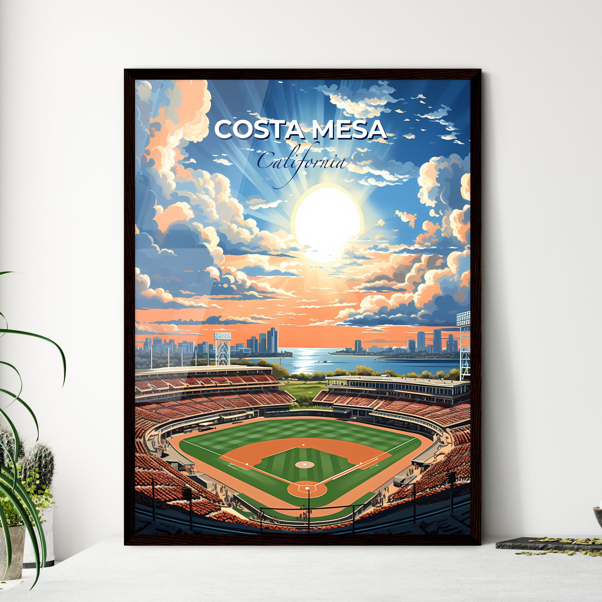 Costa Mesa, California, A Poster of a baseball stadium with a city skyline and clouds Default Title