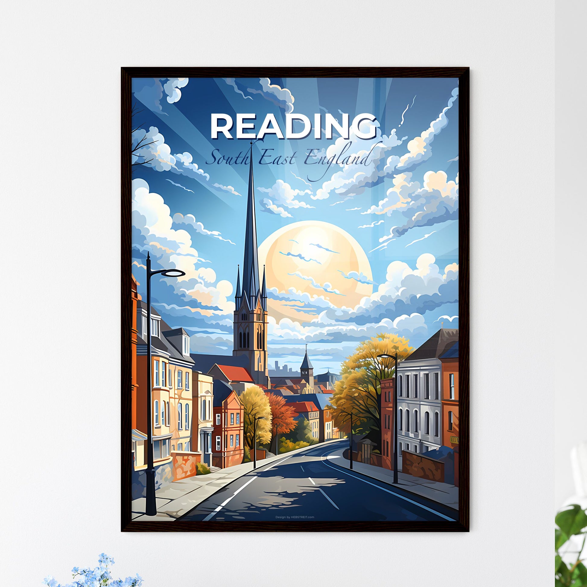 Reading, South East England, A Poster of a street with buildings and a church tower Default Title