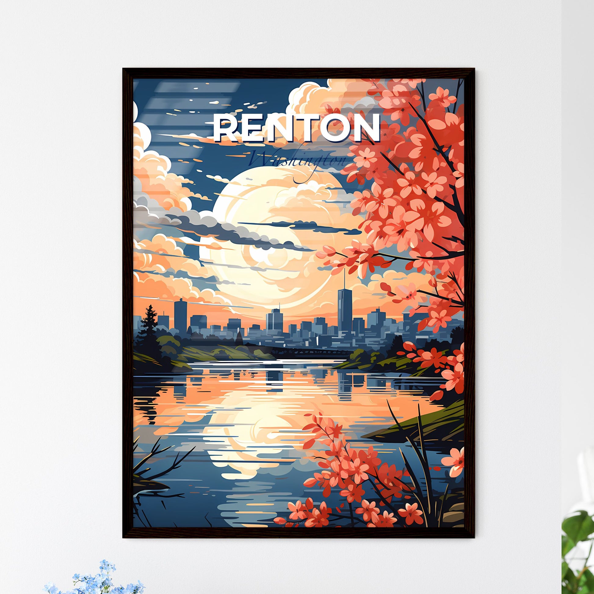 Renton, Washington, A Poster of a painting of a city with a river and trees Default Title