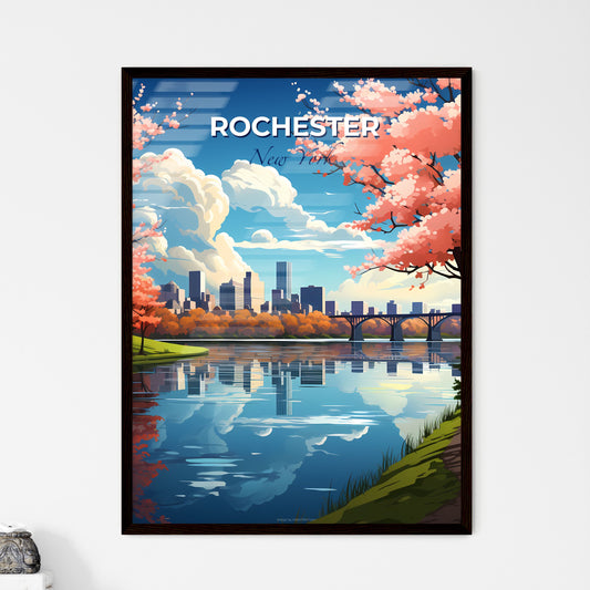Rochester, New York, A Poster of a river with pink trees and a bridge in the background Default Title
