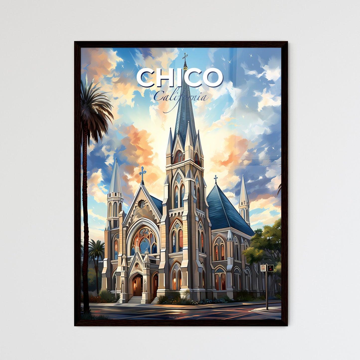 Chico, California, A Poster of a church with palm trees and a blue sky Default Title