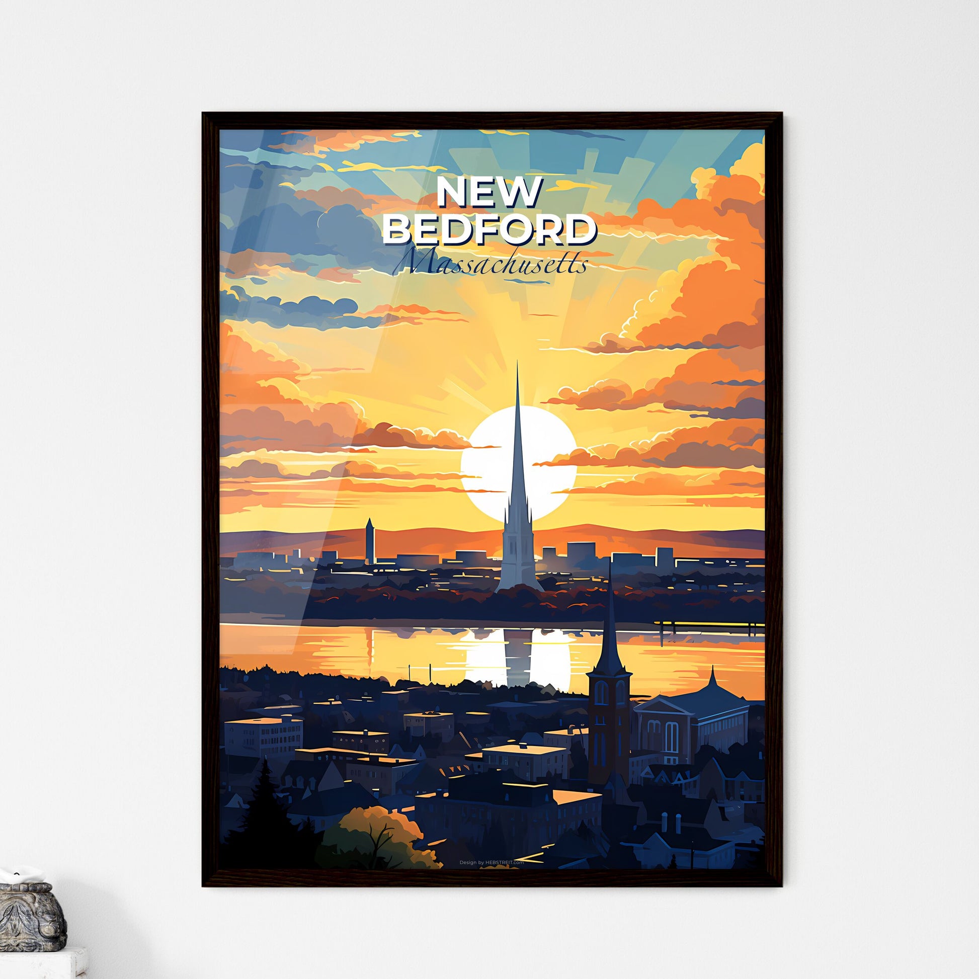 New Bedford, Massachusetts, A Poster of a city with a tall spire and a body of water with a sunset Default Title