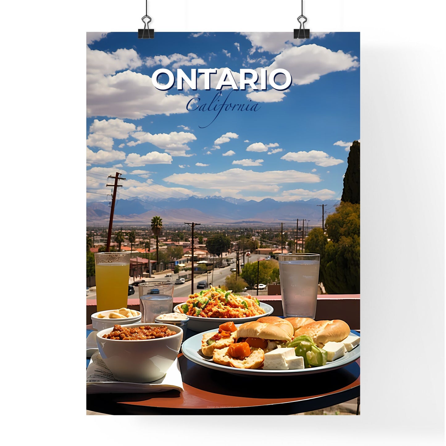 Ontario, California, A Poster of a table with plates of food and drinks on it Default Title