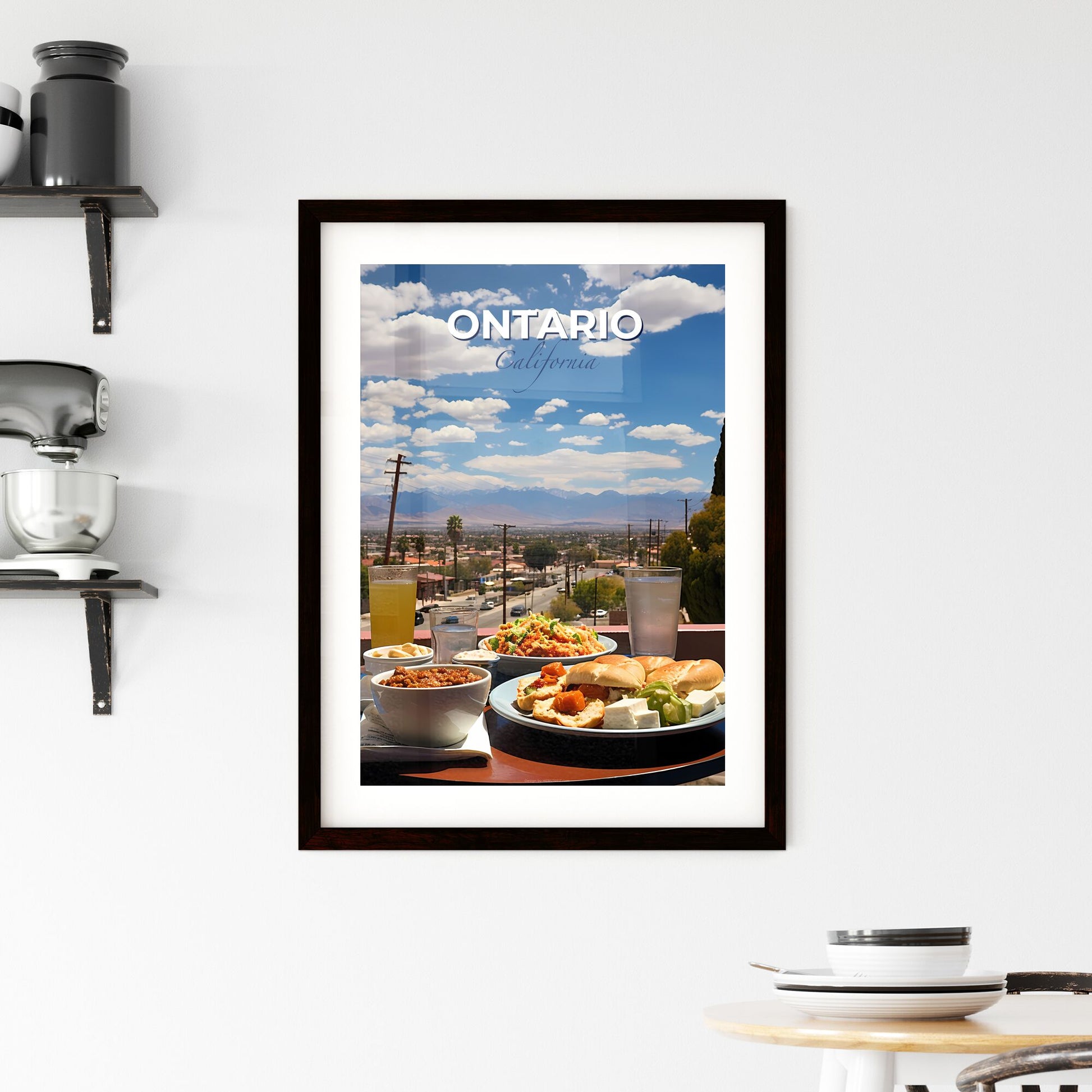 Ontario, California, A Poster of a table with plates of food and drinks on it Default Title