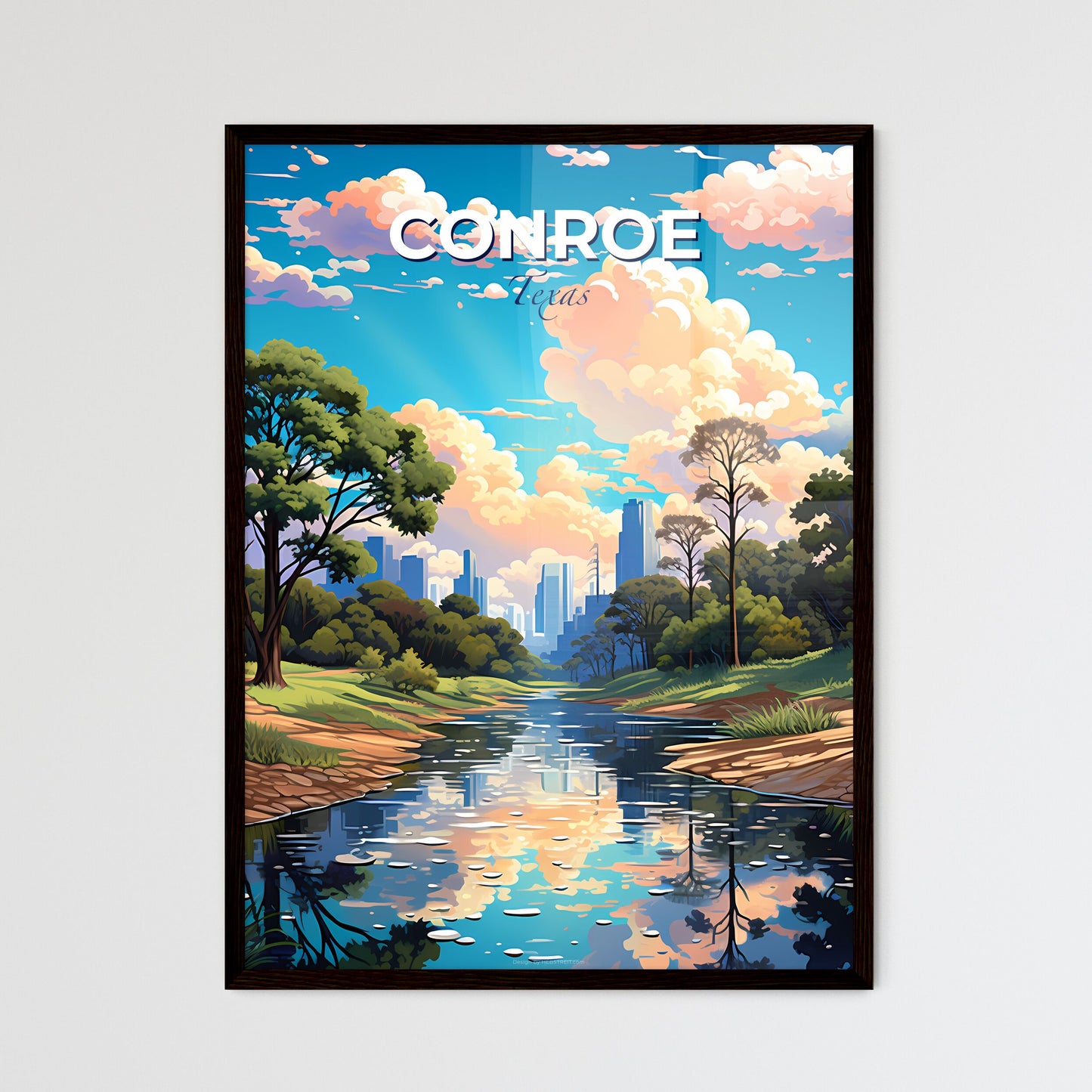 Conroe, Texas, A Poster of a river with trees and a city in the background Default Title