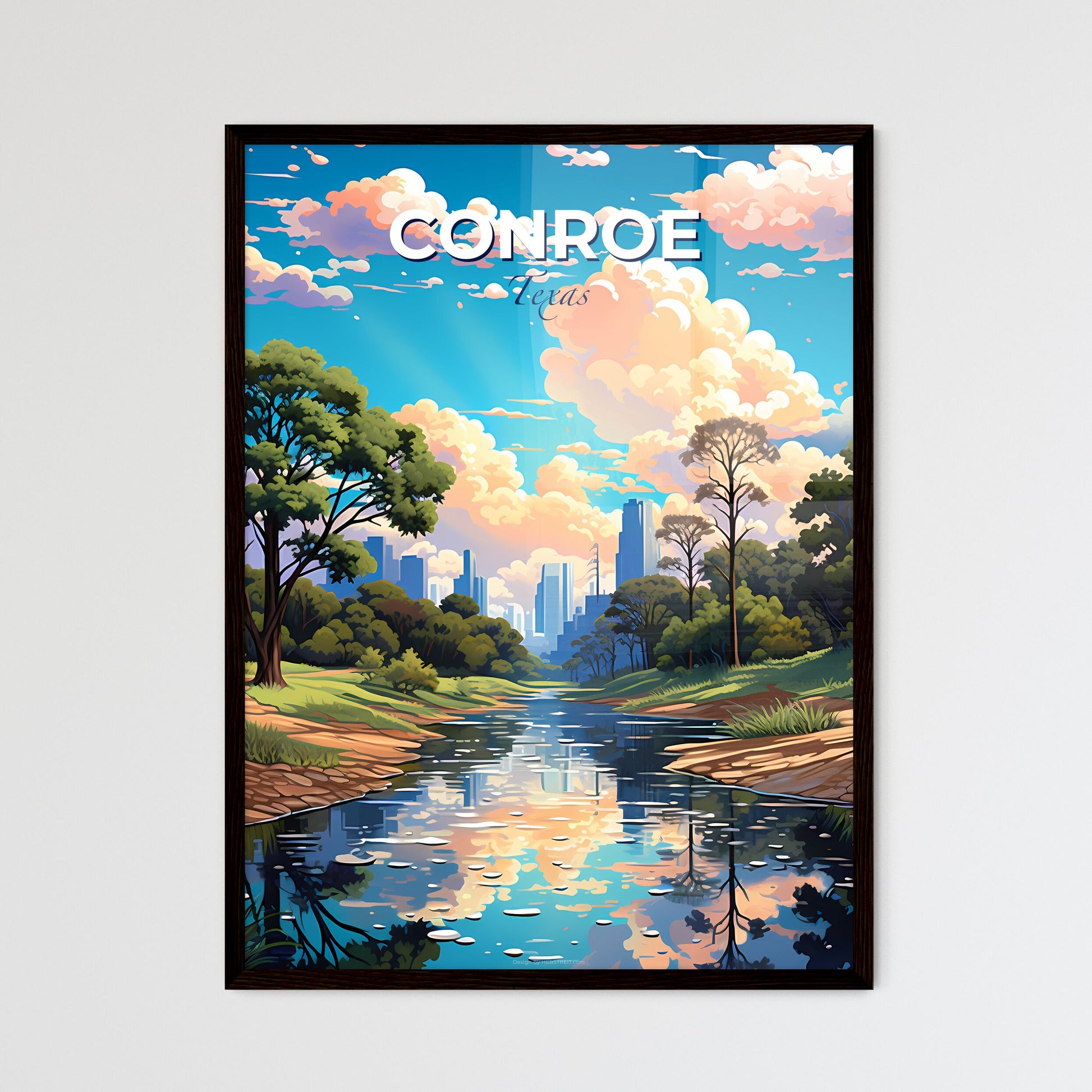 Conroe, Texas, A Poster of a river with trees and a city in the background Default Title