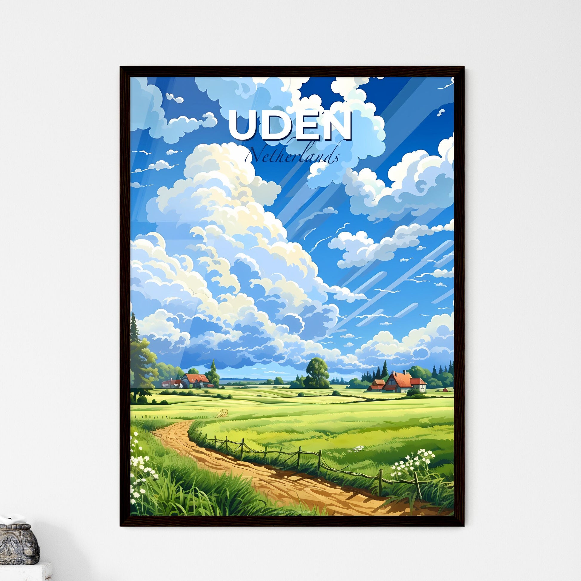 Uden, Netherlands, A Poster of a landscape with a dirt road and trees and a house Default Title