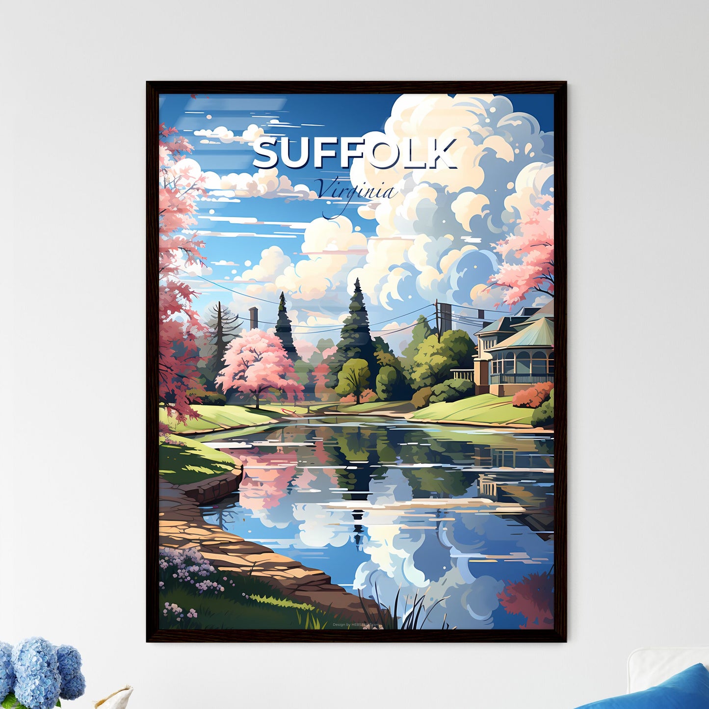Suffolk, Virginia, A Poster of a water body with pink flowers and trees Default Title