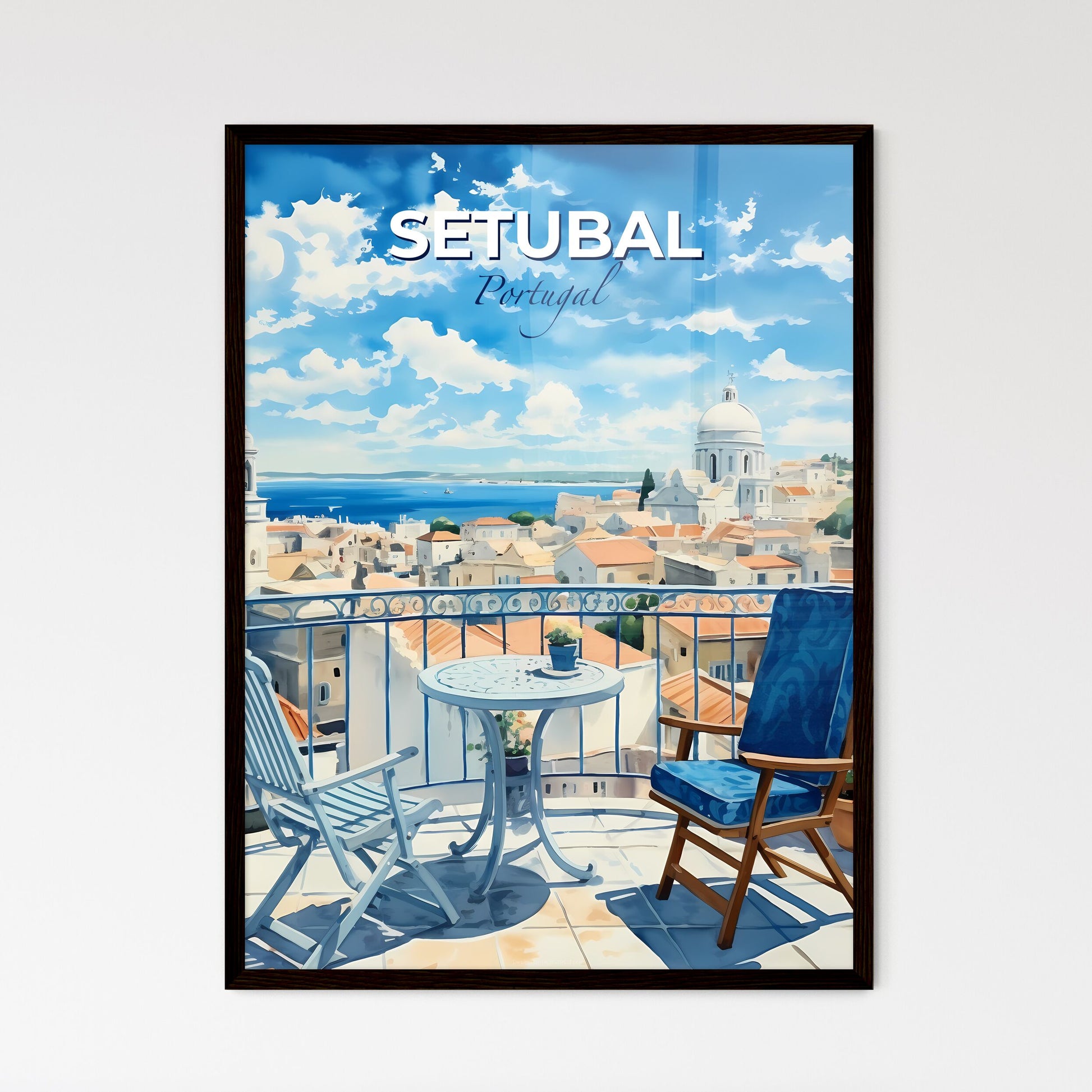 Setubal, Portugal, A Poster of a chair and table on a balcony overlooking a city Default Title