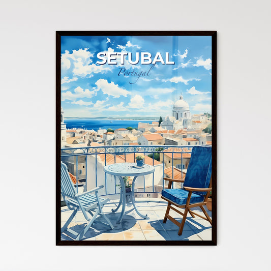 Setubal, Portugal, A Poster of a chair and table on a balcony overlooking a city Default Title