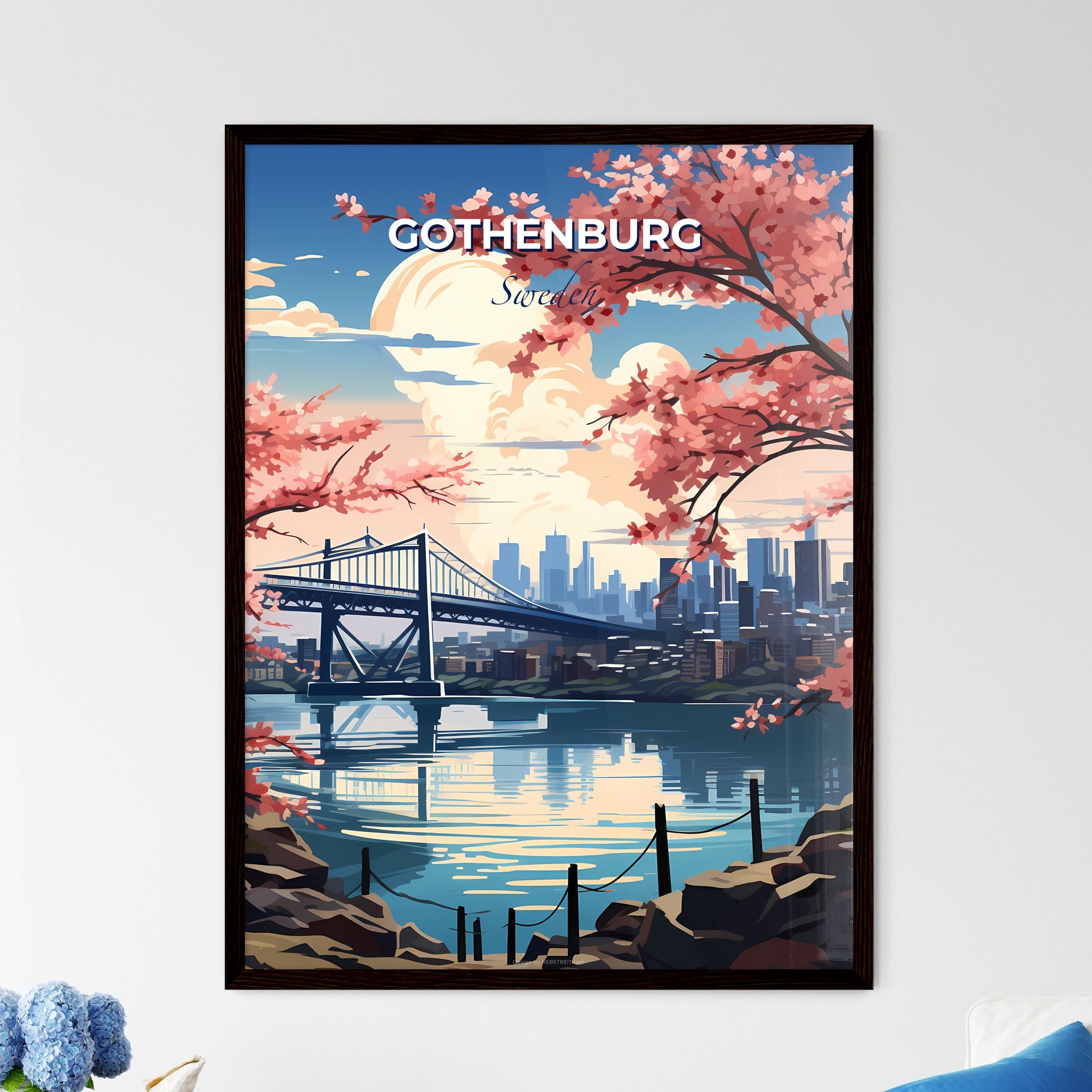 Gothenburg, Sweden, A Poster of a bridge over water with pink flowers Default Title