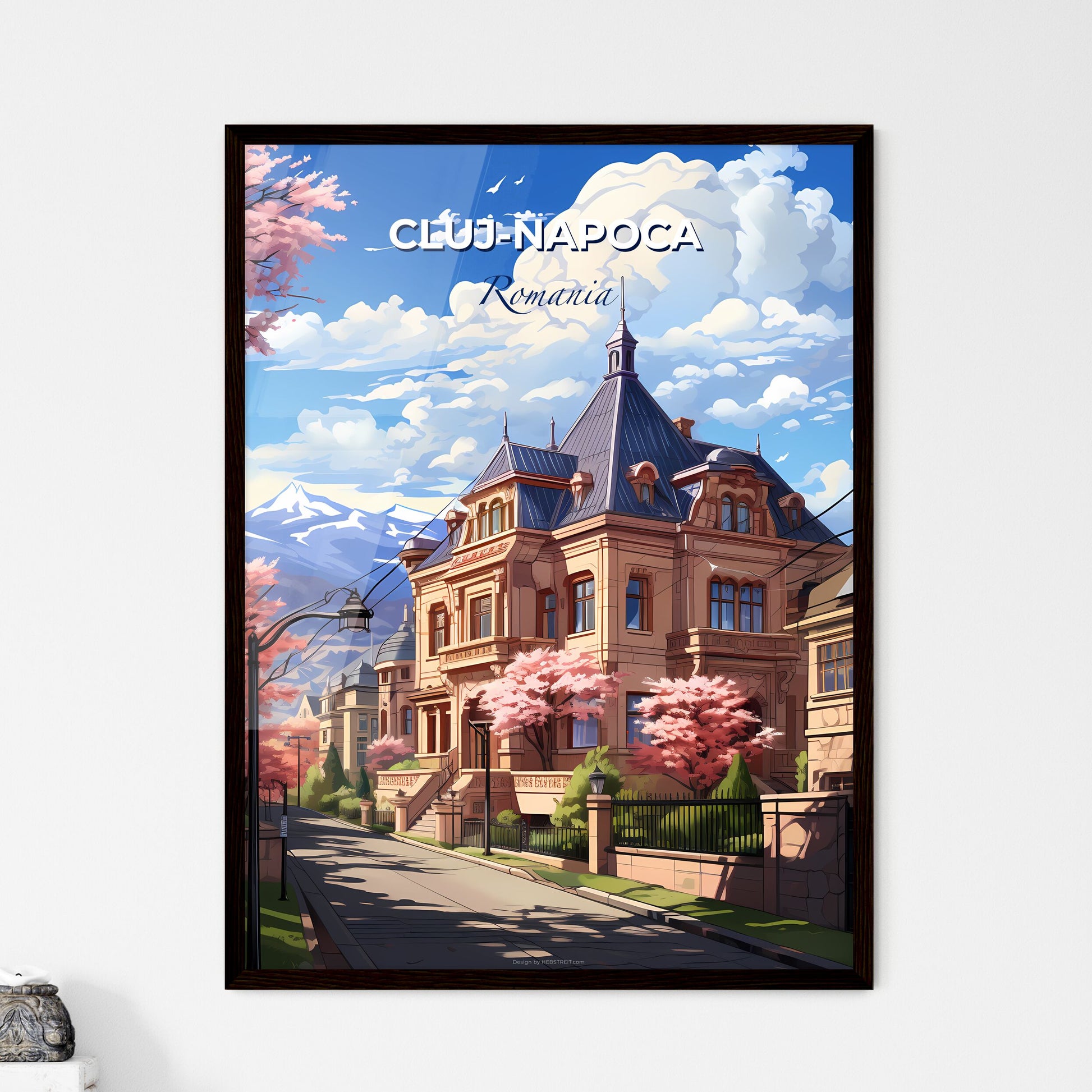 Cluj-Napoca, Romania, A Poster of a building with trees and a street light Default Title