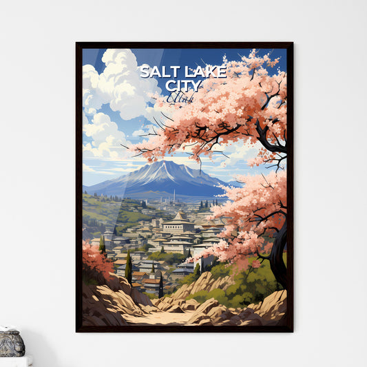Salt Lake City, Utah, A Poster of a tree with pink flowers in front of a mountain Default Title