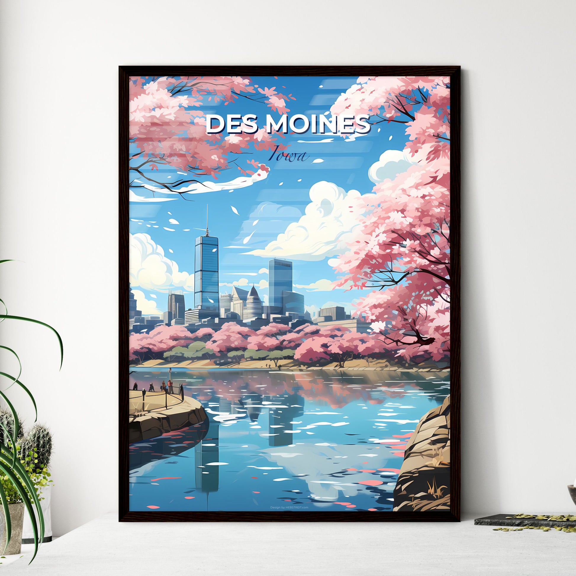 Des Moines, Iowa, A Poster of a river with pink trees and a city in the background Default Title