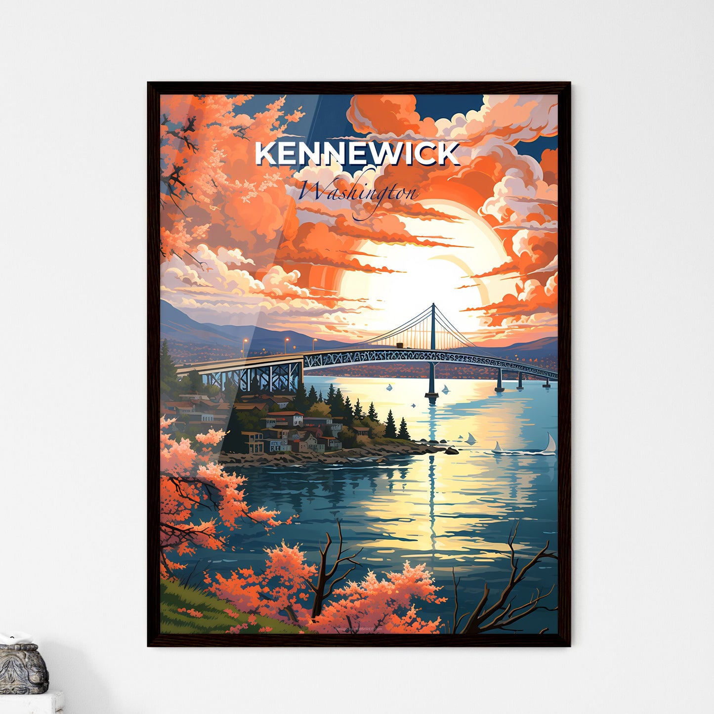 Kennewick, Washington, A Poster of a bridge over water with a city and trees and a sunset Default Title