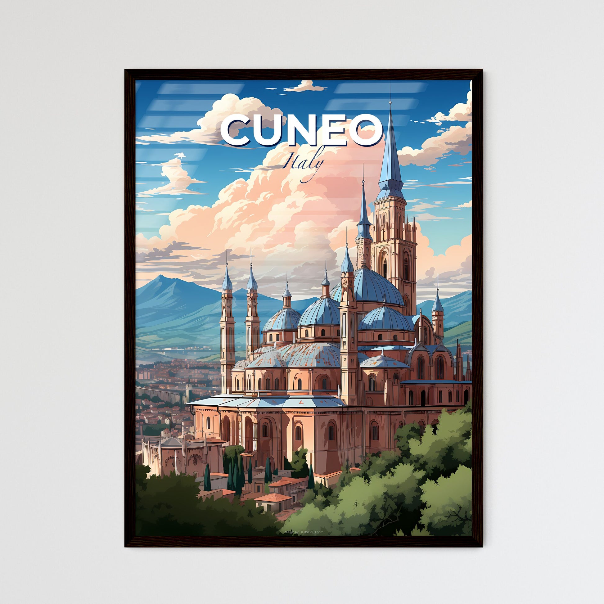 Cuneo, Italy, A Poster of a large building with a steeple and trees in front of it Default Title