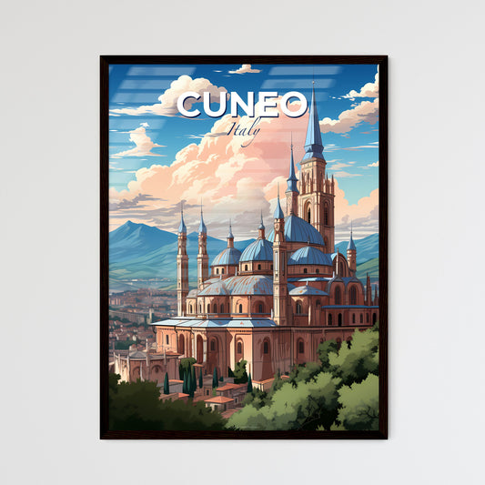Cuneo, Italy, A Poster of a large building with a steeple and trees in front of it Default Title