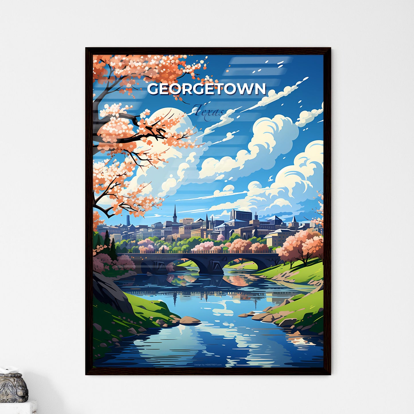 Georgetown, Texas, A Poster of a bridge over a river with pink trees and a city in the background Default Title