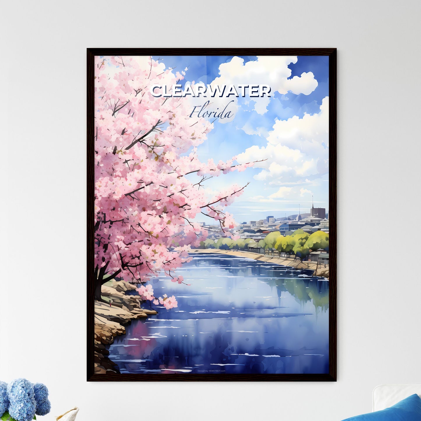Clearwater, Florida, A Poster of a river with pink flowers and buildings in the background Default Title
