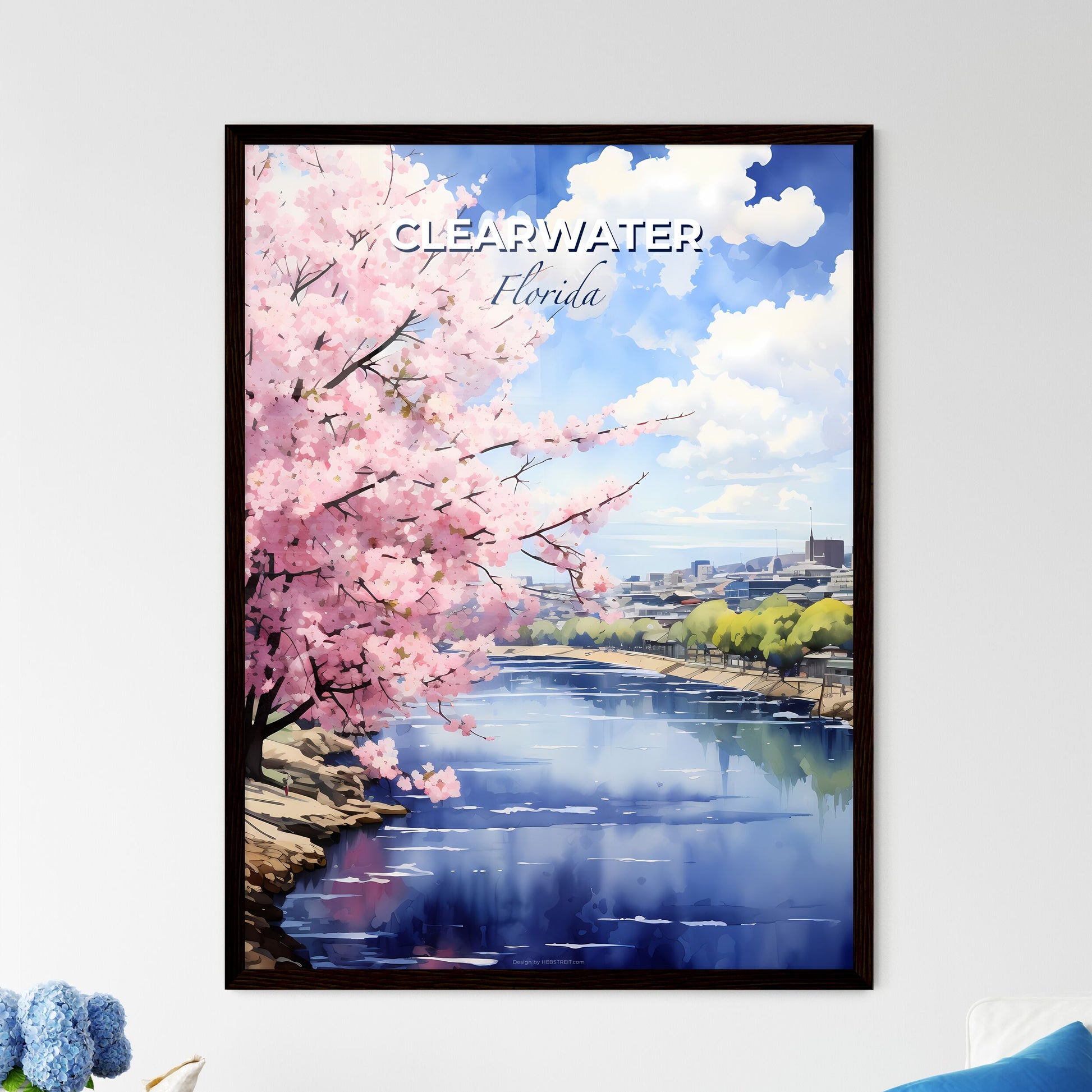 Clearwater, Florida, A Poster of a river with pink flowers and buildings in the background Default Title