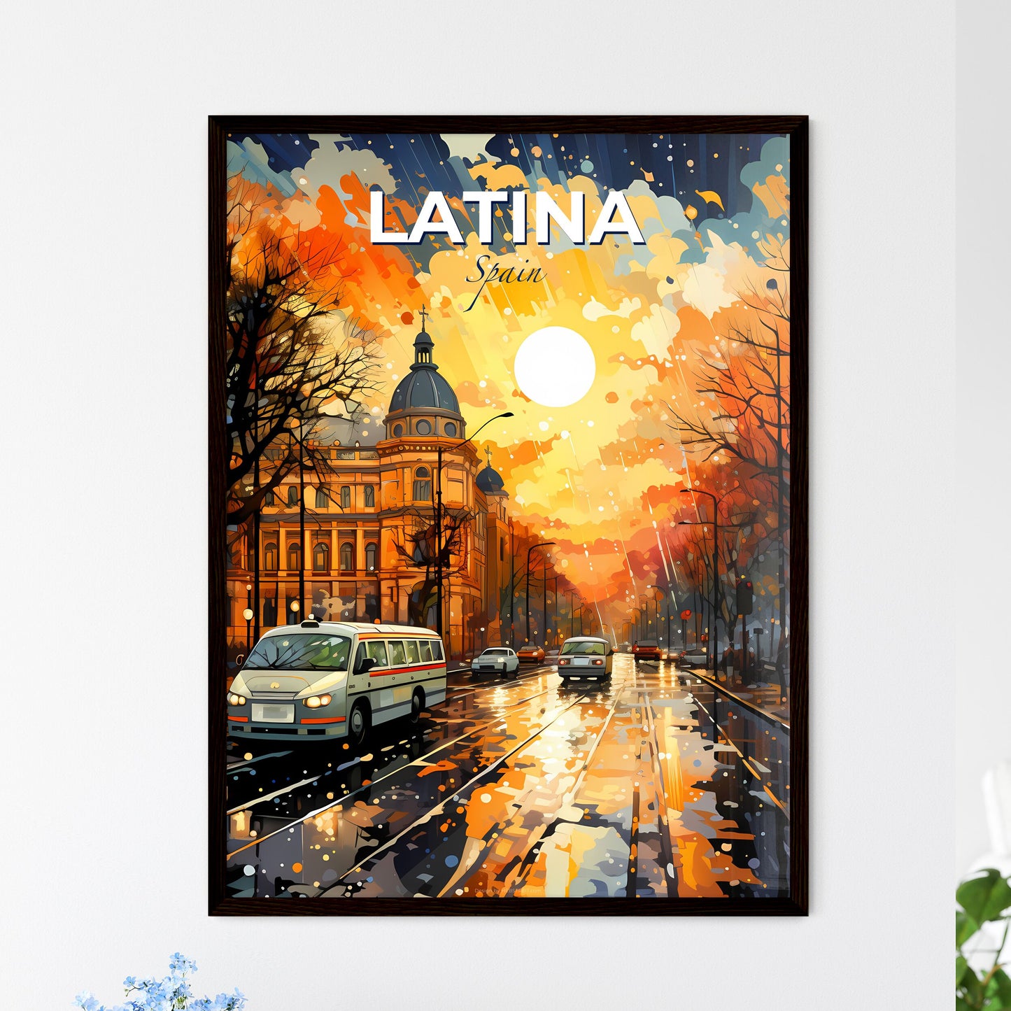 Latina, Spain, A Poster of a street with cars and trees and a building with a dome roof Default Title