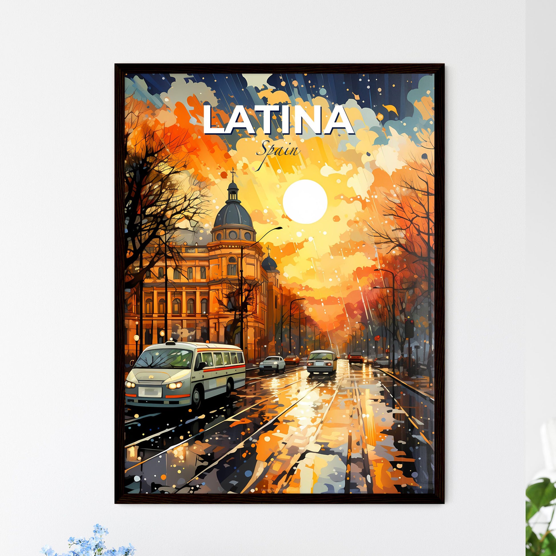 Latina, Spain, A Poster of a street with cars and trees and a building with a dome roof Default Title