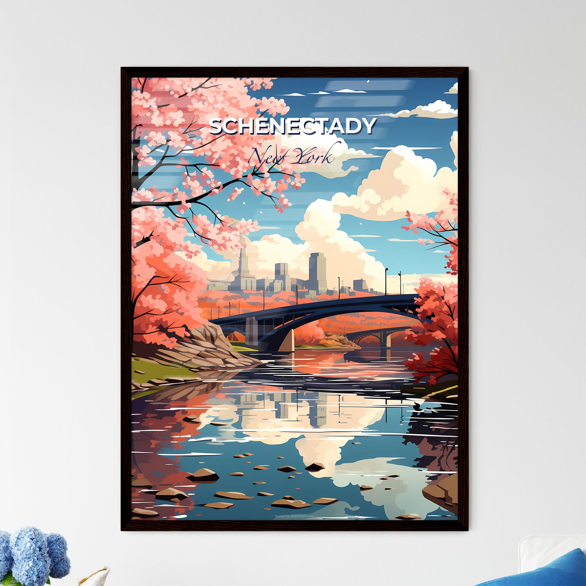 Schenectady, New York, A Poster of a bridge over a river with pink flowers Default Title