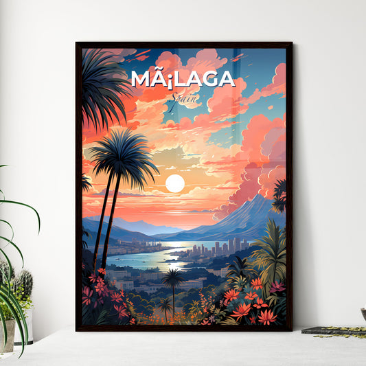 Mã¡Laga, Spain, A Poster of a landscape with palm trees and a city and mountains Default Title