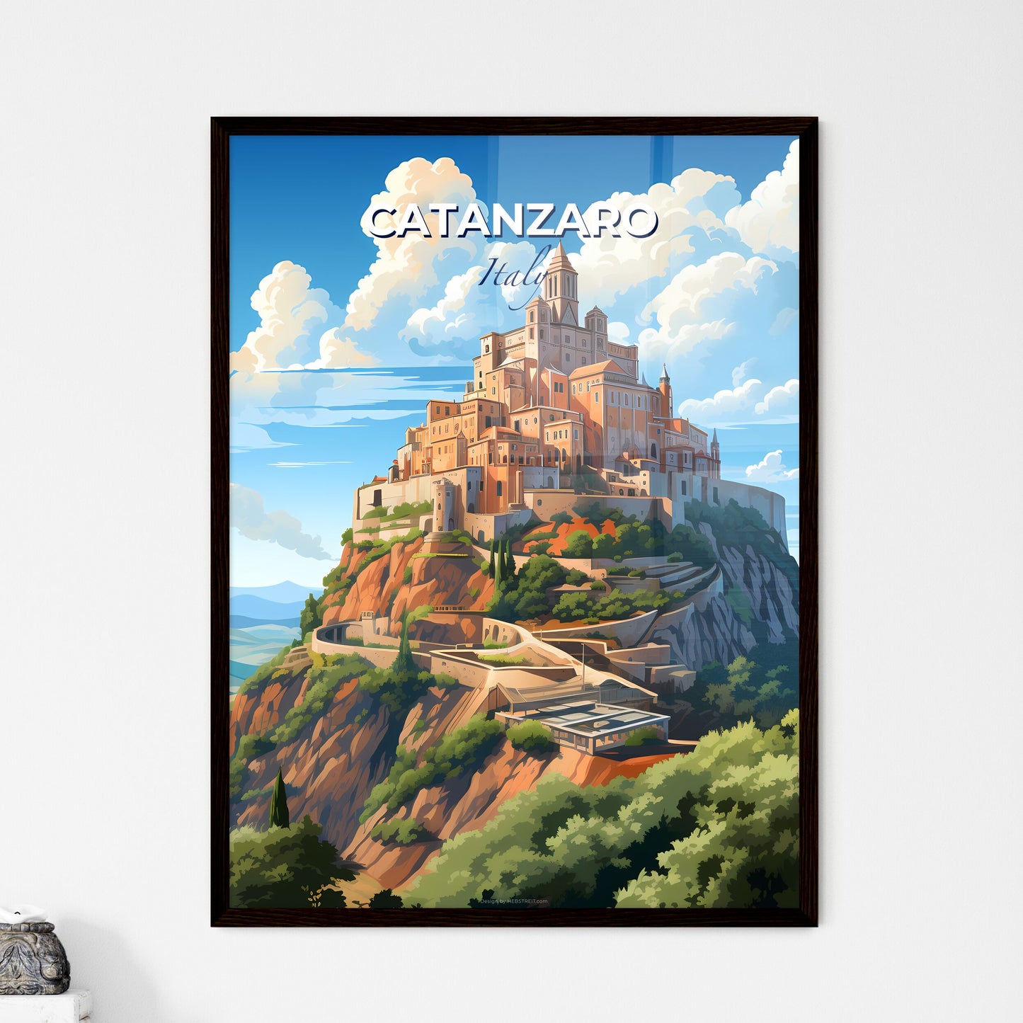 Catanzaro, Italy, A Poster of a painting of a castle on a mountain Default Title