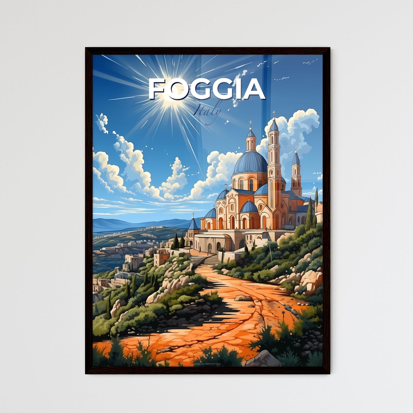 Foggia, Italy, A Poster of a building on a hill with a road and the sun Default Title
