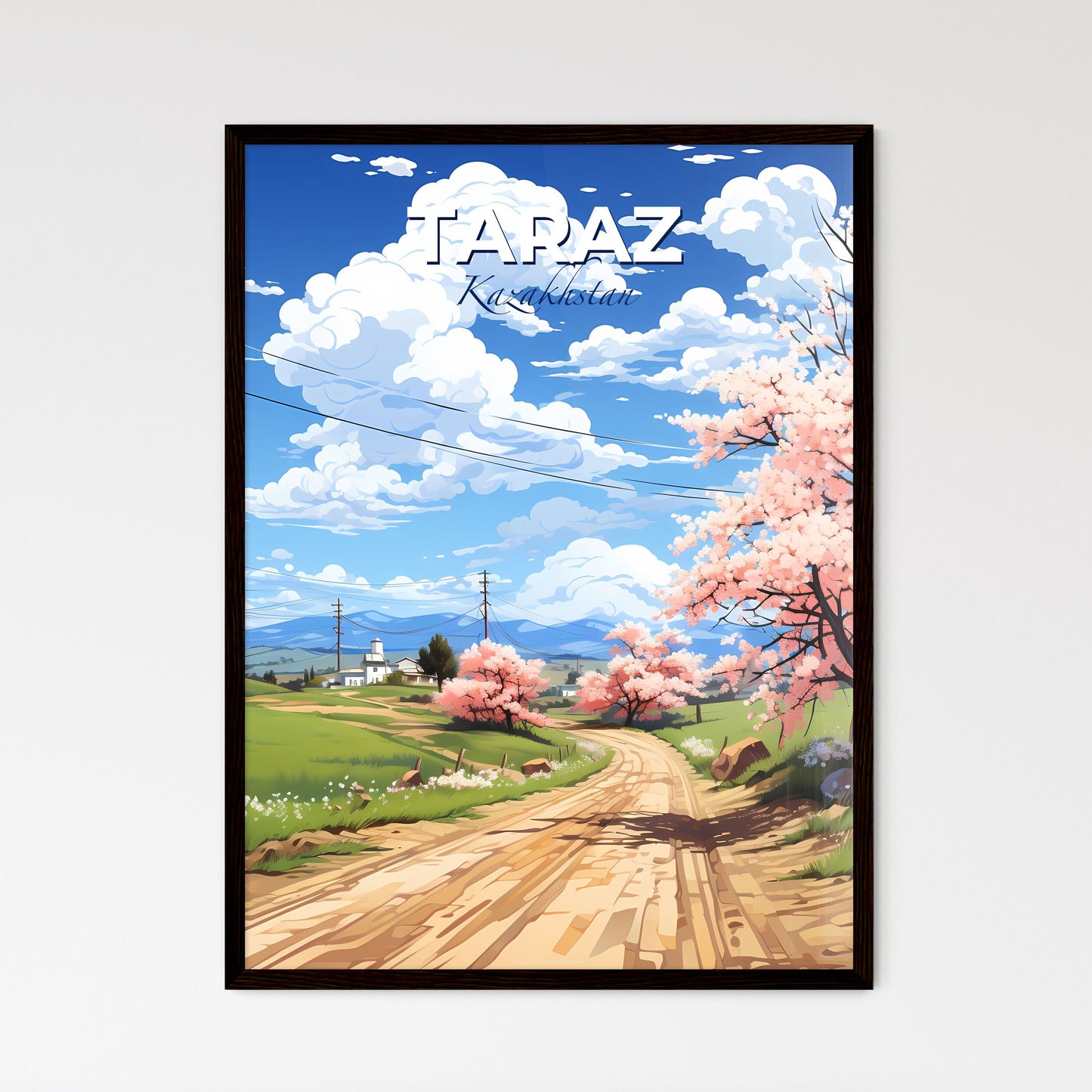Taraz, Kazakhstan, A Poster of a road with pink flowers and trees on a sunny day Default Title
