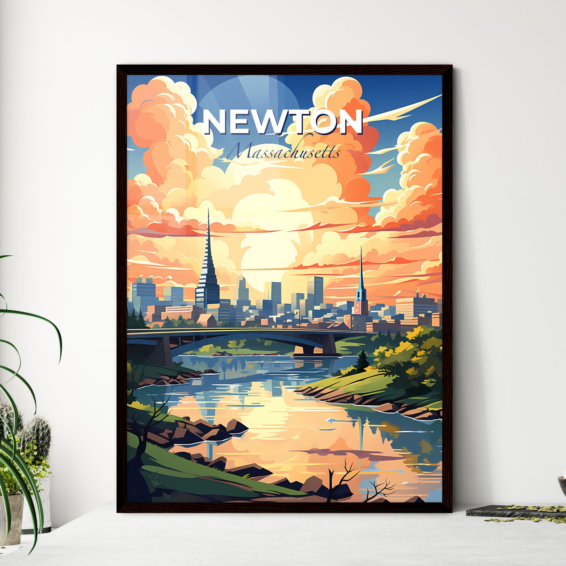 Newton, Massachusetts, A Poster of a river with a bridge and a city in the background Default Title
