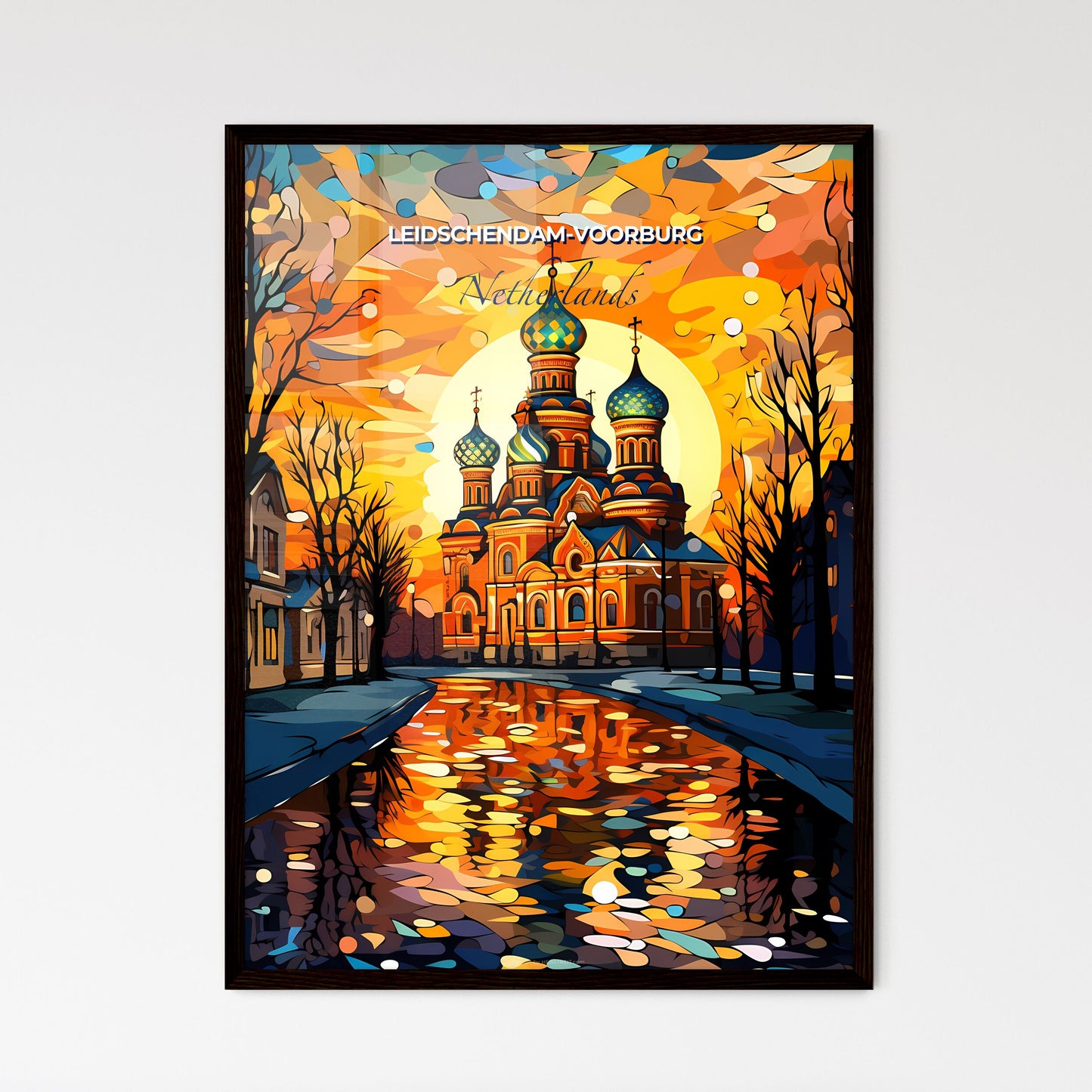 Leidschendam-Voorburg, Netherlands, A Poster of a painting of a church with a sunset behind it Default Title
