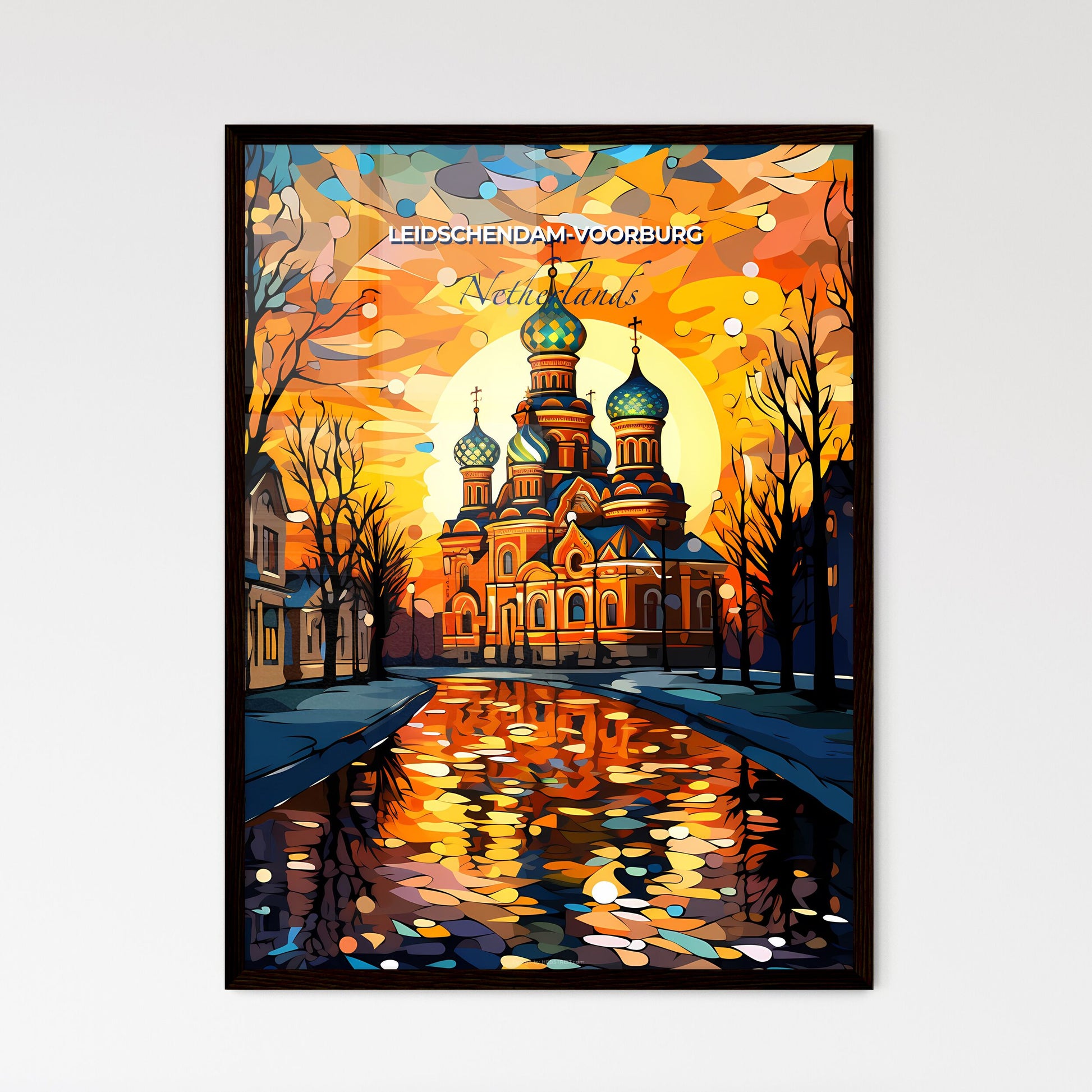 Leidschendam-Voorburg, Netherlands, A Poster of a painting of a church with a sunset behind it Default Title