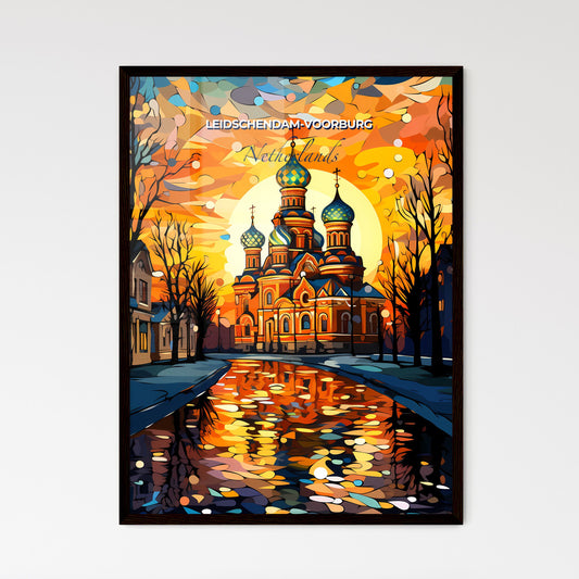 Leidschendam-Voorburg, Netherlands, A Poster of a painting of a church with a sunset behind it Default Title