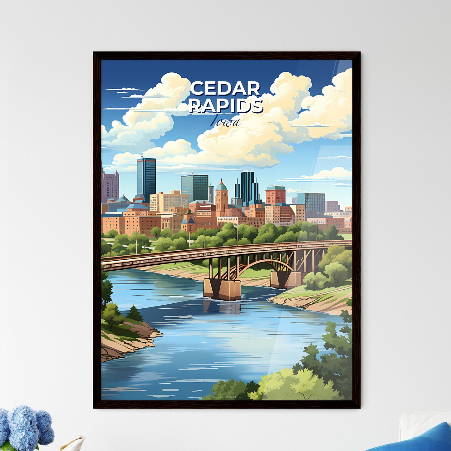 Cedar Rapids, Iowa, A Poster of a bridge over a river with trees and buildings in the background Default Title