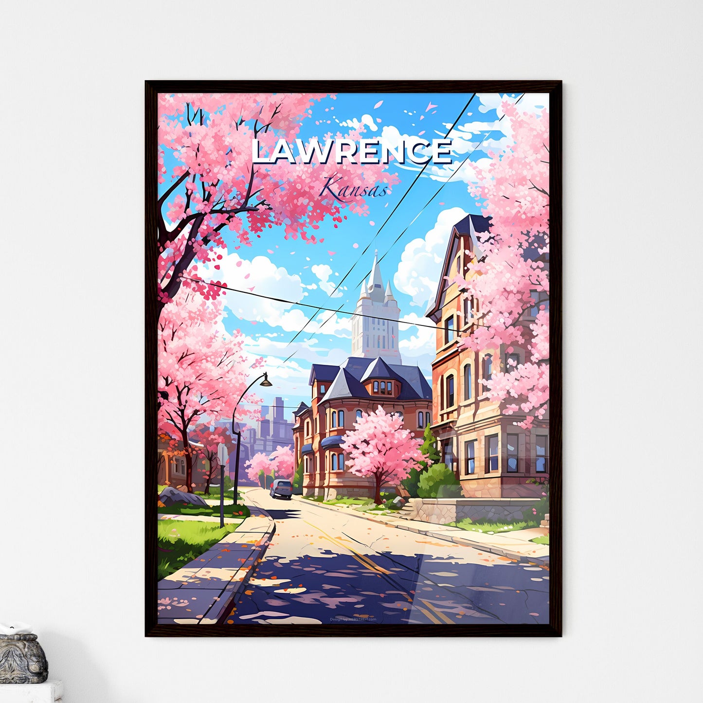 Lawrence, Kansas, A Poster of a street with pink trees and buildings Default Title